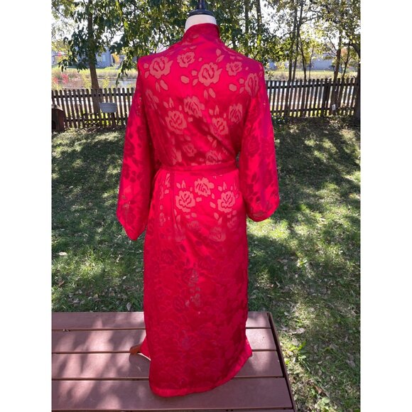 Victorias Secret Gold Label Red Floral Sheer Kimono Robe M/L Polyester Belted - Picture 4 of 8